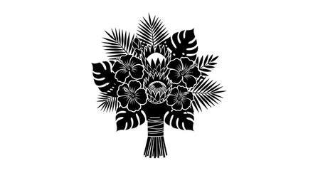 Fototapeta premium Flower bouquet featuring exotic protea blooms and palm fronds serves as a decorative design element.