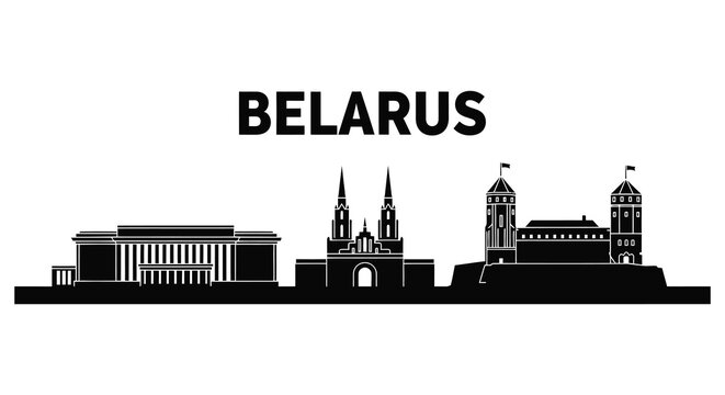 BELARUS skyline features iconic buildings and towers in black silhouette