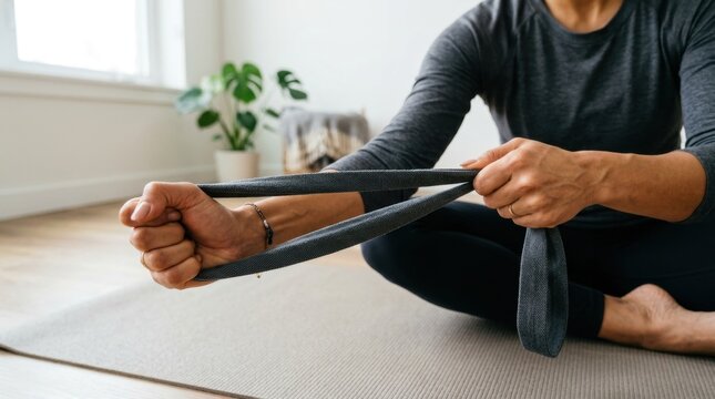 Close up of a person seated on a yoga mat using a stretching strap for a seated hamstring stretch at home, calm indoor wellness scene with natural light and exercise space for advertising and editoria