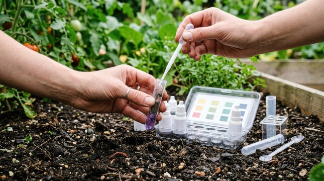 Hands testing garden soil with a pH color kit and dropper beside seedling beds, outdoor agricultural science scene showing plant care, soil analysis, and home gardening maintenance