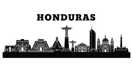 Fototapeta premium Honduras cityscape with monuments and buildings illustrated in black silhouette