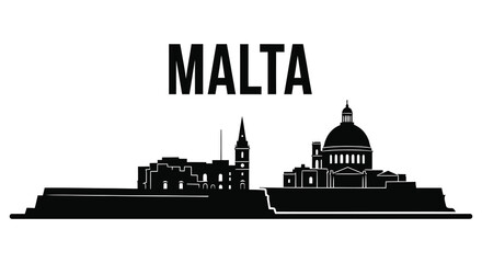 Obraz premium Black silhouette of Malta cityscape with historic buildings and cathedral
