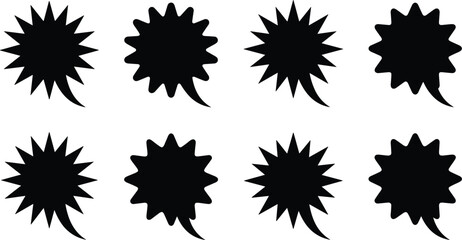 Black starburst speech bubble sticker silhouettes for sale explosion promotional tags comic book shout conversation dialog element © MdAnarulIslam