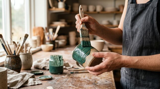 Hands glazing a handmade ceramic mug with a brush in a pottery studio, surrounded by clay tools and finished pieces, creating a calm artisan workspace for craft and home decor products