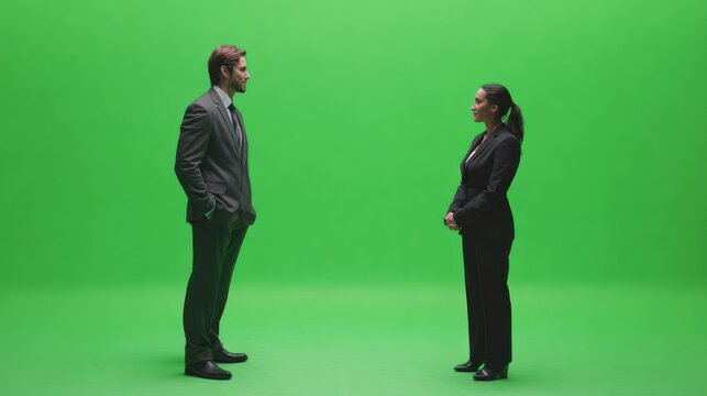 Two business professionals in suits face each other on a green screen