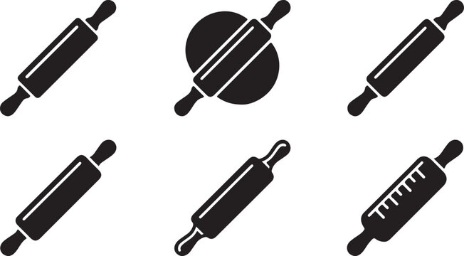 Flat pack of six rolling pin icons in black and white Vector