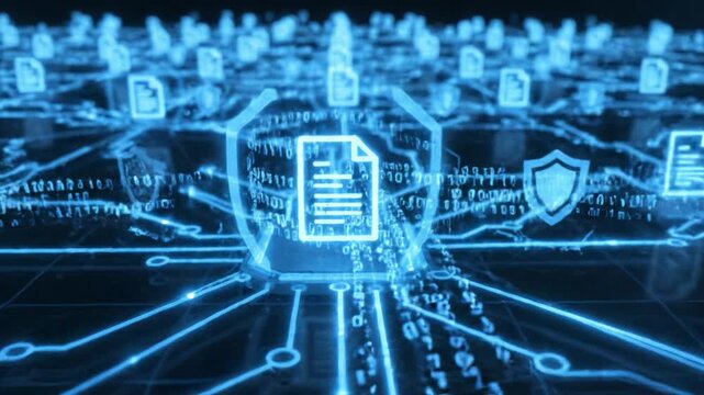 Digital document cybersecurity data network file icon shield binary code blue secure connection glowing grid cloud server cyber protection system safe data transfer online storage concept