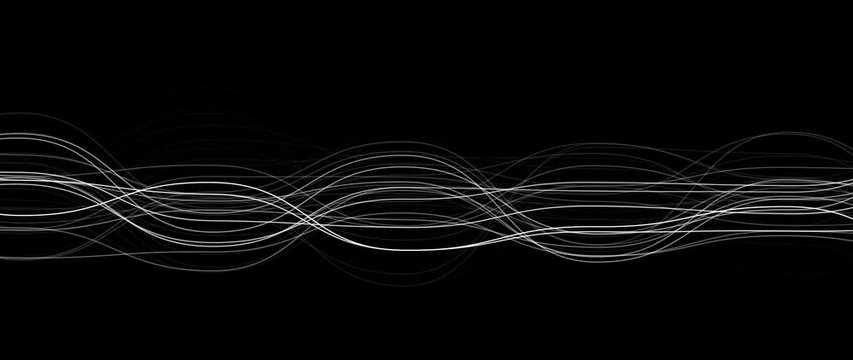 abstract flowing wave pattern created from light and dark, representing sound frequency, data flow, or energetic pulse on a black background, evocative ethereal and modern aesthetic.