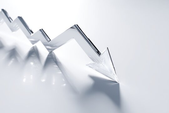 Glass Arrow Pointing Downwards: A translucent glass arrow, representing a downward trend, sharply descends, symbolizing a market downturn or negative progress.