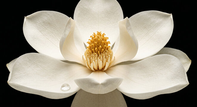 Single White Magnolia Bloom Extreme Close Up on Black Background with Dew Drop
