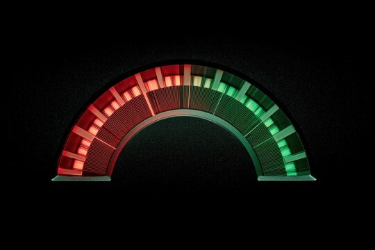 Half-Circle Gauge Meter: A glowing half-circle gauge meter with a red and green display on a black background, indicating a range of measurement or status, possibly for performance or risk assessment.