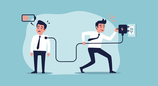 Tired man with low battery indicator and energetic man plugging in charger symbolizing burnout and recharging for work efficiency.
