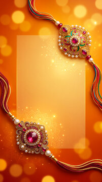 Raksha Bandhan background showcasing decorative Rakhi with radiant festive golden illumination