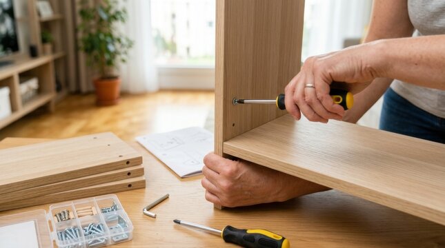 Hands assembling a flat pack wooden shelf with a screwdriver in a bright living room, with parts and hardware on the table, creating a calm home improvement scene for furniture assembly guides