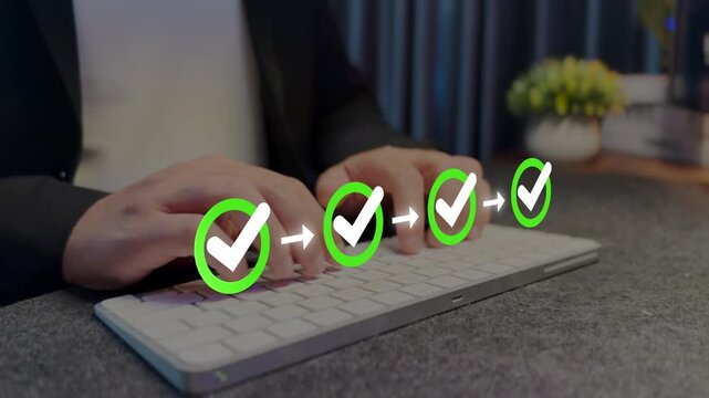 Business checklist workflow project task management concept.  Project tracking, certification, compliance verification.
