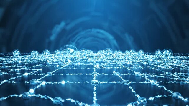 Digital interface data network technology blue circle dashboard chart futuristic glowing water droplet sparkle reflection with connected circuit node grid analytics cyber system concept