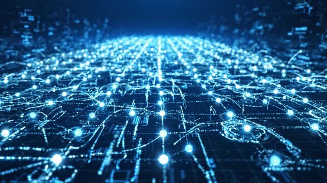 Digital network blue technology connection data grid circuit node light abstract glowing cyberspace communication pattern across dark virtual space with electronic network path modern bokeh