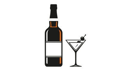 Whiskey bottle mockup stands beside a cocktail glass featuring a cherry garnish. © Maulidaa
