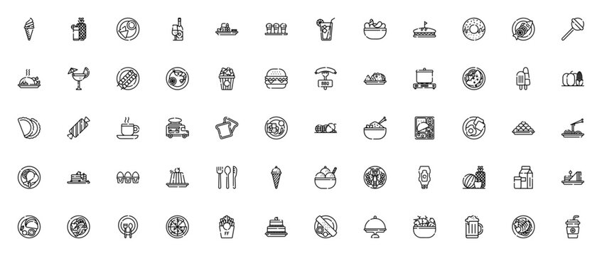 Food_1940 icon set. Retro food icons. Minimalist line art pack. Featuring cone, pineapple, samosa, champagne, Japanese food, donut, burger, cocktail, pizza and more. Editable vector stroke.