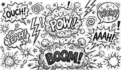 Comic book sound effects bubble text set with hand drawn pop art explosion and retro speech clouds © MdAnarulIslam