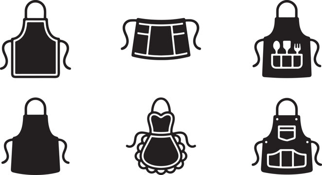 Six black kitchen aprons with different pockets and styles flat icon design Vector