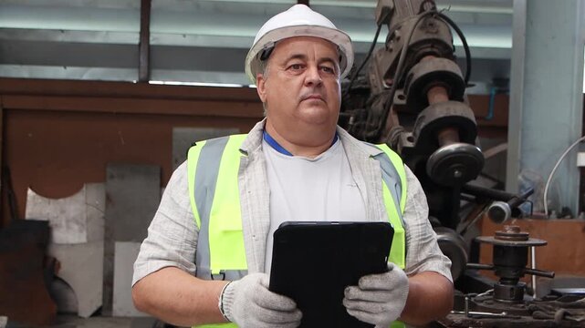 Portrait of senior engineer supervisor man with safety vest and helmet working with table at manufacturing plant metal factory. Elderly industrial foreman checking maintenance machinery data for table