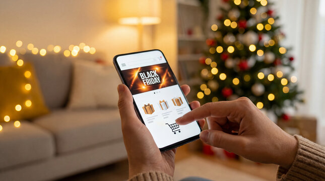 Woman smartphone shopping scene with holiday sale app on screen near decorated tree while finger taps cart icon suggesting online retail discounts gift purchase festive ecommerce home shopping