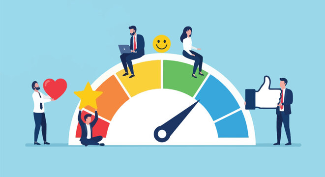 Business people interacting with customer satisfaction gauge chart concept to show feedback performance level ranking with heart star and thumbs up rating icons.