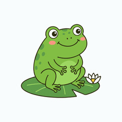 Fototapeta premium Cute green frog sitting on lily pad with flower on gray background
