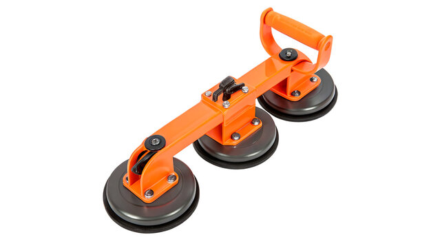 Orange heavy duty triple glass suction cup lifter tool isolated on a transparent background