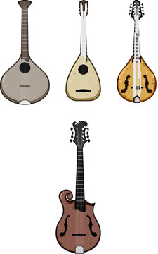 Collection of different mandolin family instruments, including bouzouki, mandola, and various mandolin shapes, presenting a diversity of acoustic stringed sound concepts