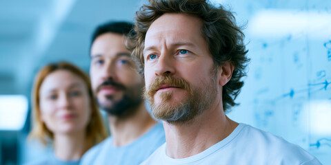 Obraz premium Close-up portrait of a mature man with tousled hair looking thoughtfully off camera, with a glass whiteboard covered in strategy diagrams blurred behind him with a deeply evocative atmosphere.