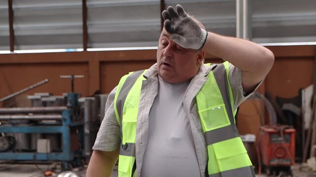Elderly engineer supervisor with safety vest and gloves feels exhausted during working at factory. Tried senior industrial foreman take off helmet, wiping sweat off forehead at manufacturing factory.