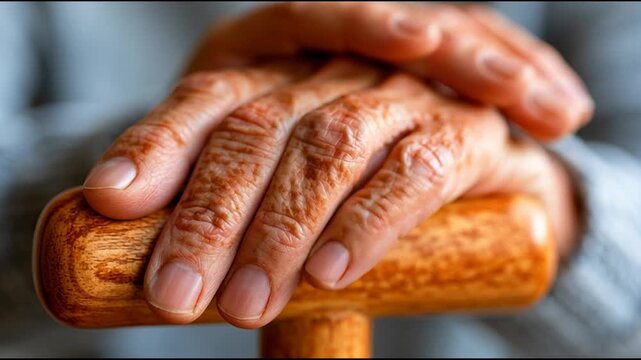 Close-up of elderly hands gripping a wooden cane