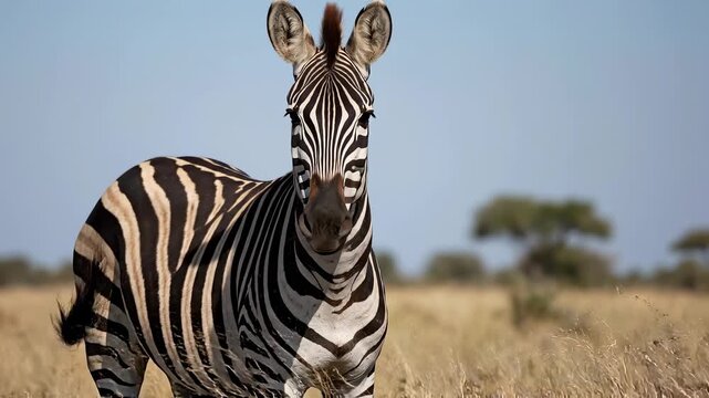Majestic zebra with striking black and white stripes stands in dry savanna grass under blue sky