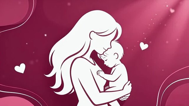 Mother Cradling Child in Red and White Silhouette Mother's Day