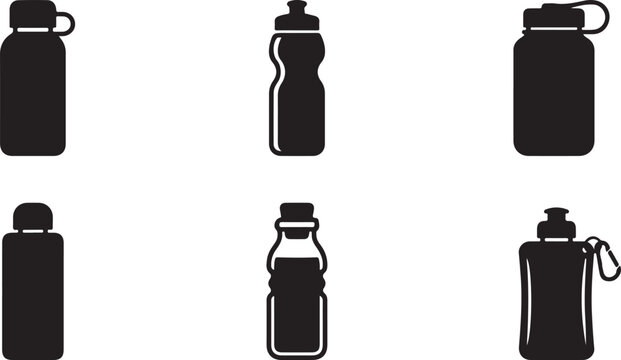 Six black water bottle designs with caps and handles Vector