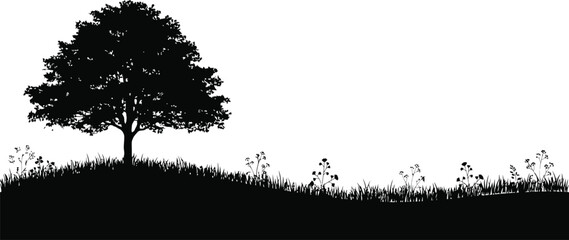 Silhouette of a large tree against a field of tall grass under a cloudy sky tree silhouette © MD. HASAN ALI