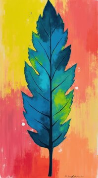 Painting of a leaf on a colorful background with a red sky