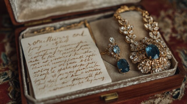 Jeweled set and handwritten note in a velvet lined wooden box