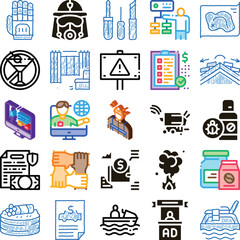 Fototapeta premium Collection of various icons depicting solutions for business, travel, leisure, health, and security, representing diverse modern lifestyle activities and everyday concepts