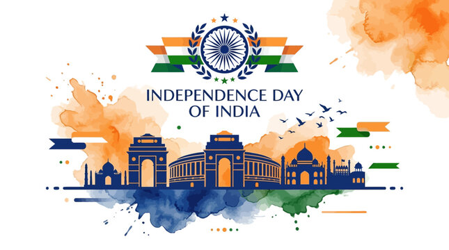 Indian Independence Day vector illustration with landmarks and flag colors