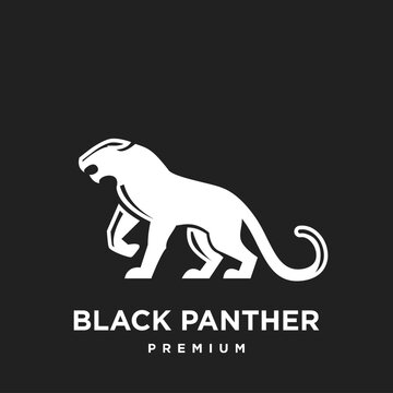 Bold White Panther Logo Walking and Roaring on Black Background with Premium Branding Text