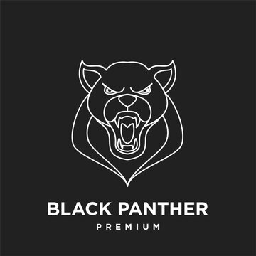 Aggressive Roaring Black Panther Head Line Art Logo Vector Design on Black Background