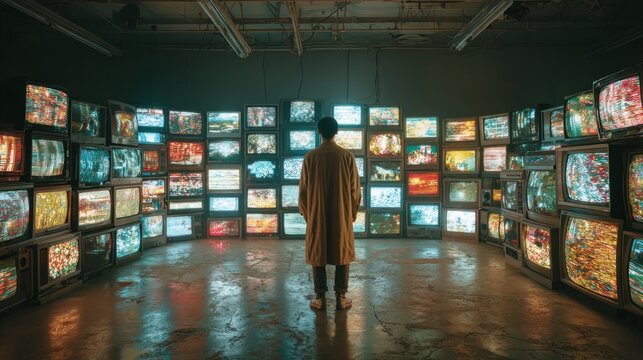 Man standing in front of a wall of televisions