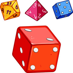 Obraz premium Multiple colorful polyhedral dice with different numbers and pips illustrating concepts of chance, luck, gaming, and mathematical probability for hobbies and entertainment