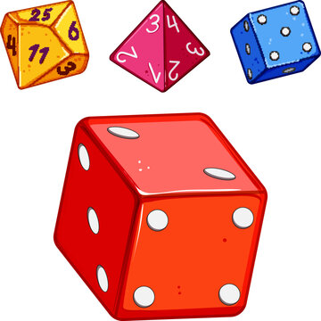 Multiple colorful polyhedral dice with different numbers and pips illustrating concepts of chance, luck, gaming, and mathematical probability for hobbies and entertainment