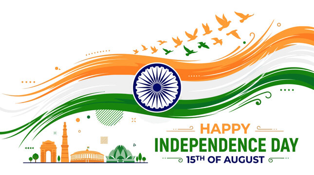 Happy Independence Day India, Abstract Tricolor Flag, Silhouette Monuments, Flying Birds