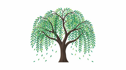 A detailed illustration of a weeping tree with lush green leaves and branches swaying gently in the wind outdoors © Ikaiku