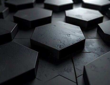 Black hexagonal tiles floor background texture.